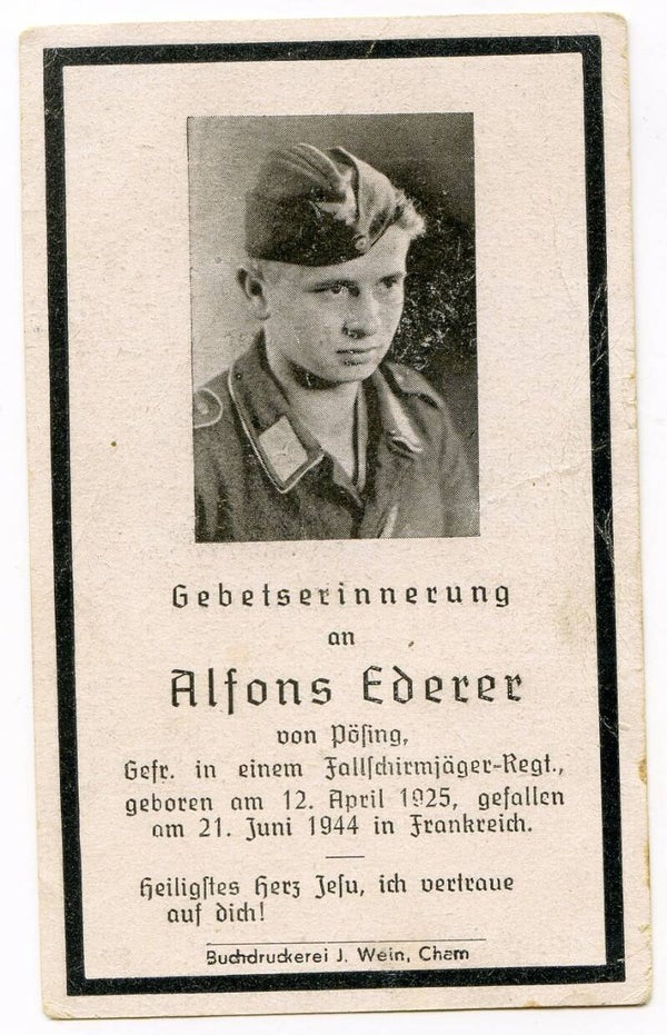 Death Card to Gefreiter Alfons Ederer, Fallschirmjäger Rgt, Normandy 1944