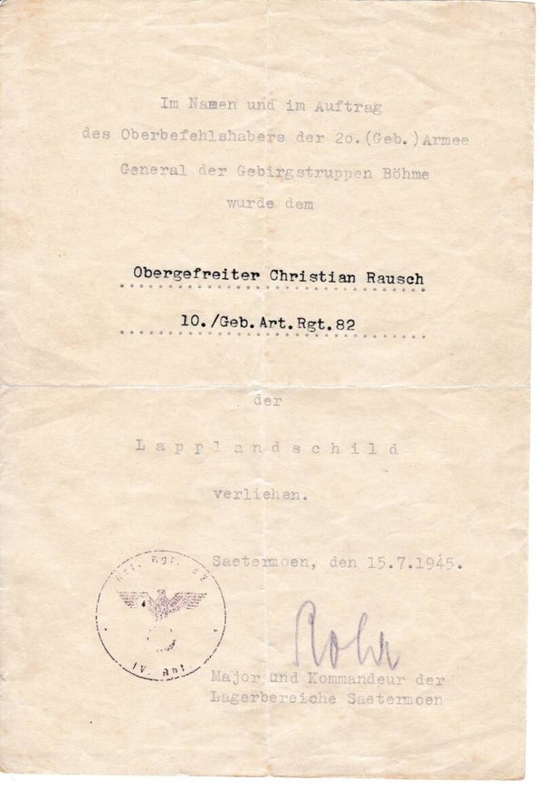 Lappland Shield Award Document Gebirgs Artillerie Regiment 82 (7. Gebirgs Division)