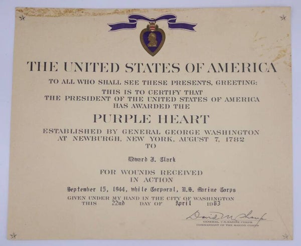WW2 WIA Purple Heart Document, 1st Marine Division, Peliliu Airfield 1944