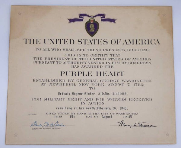 WW2 KIA Purple Heart Document, 76th Infantry Division, Assault on the Siegfried Line (Germany) 1945