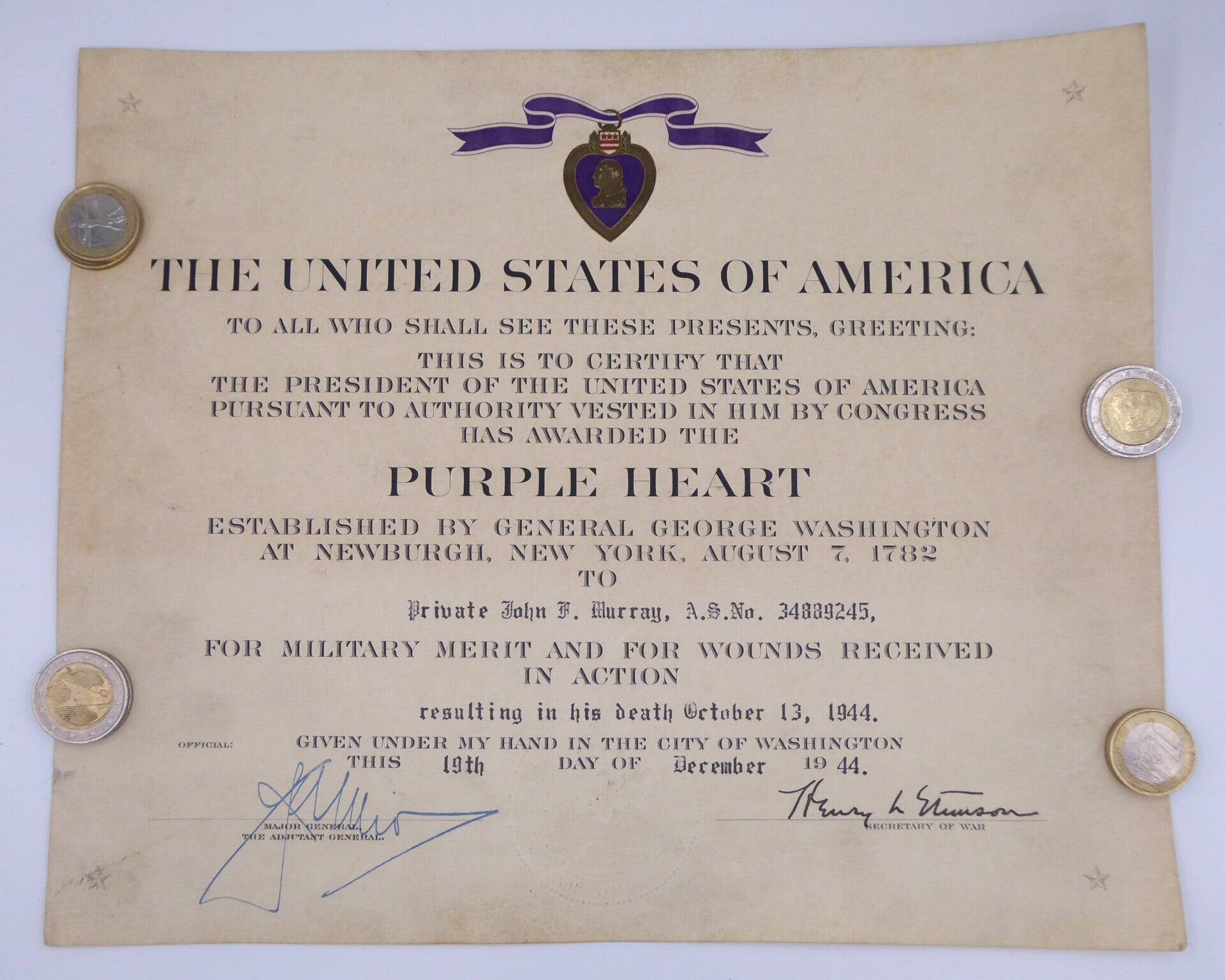 WW2 KIA Purple Heart Document, 79th Infantry Division, Fighting around Emberménil (Northern France) 1944