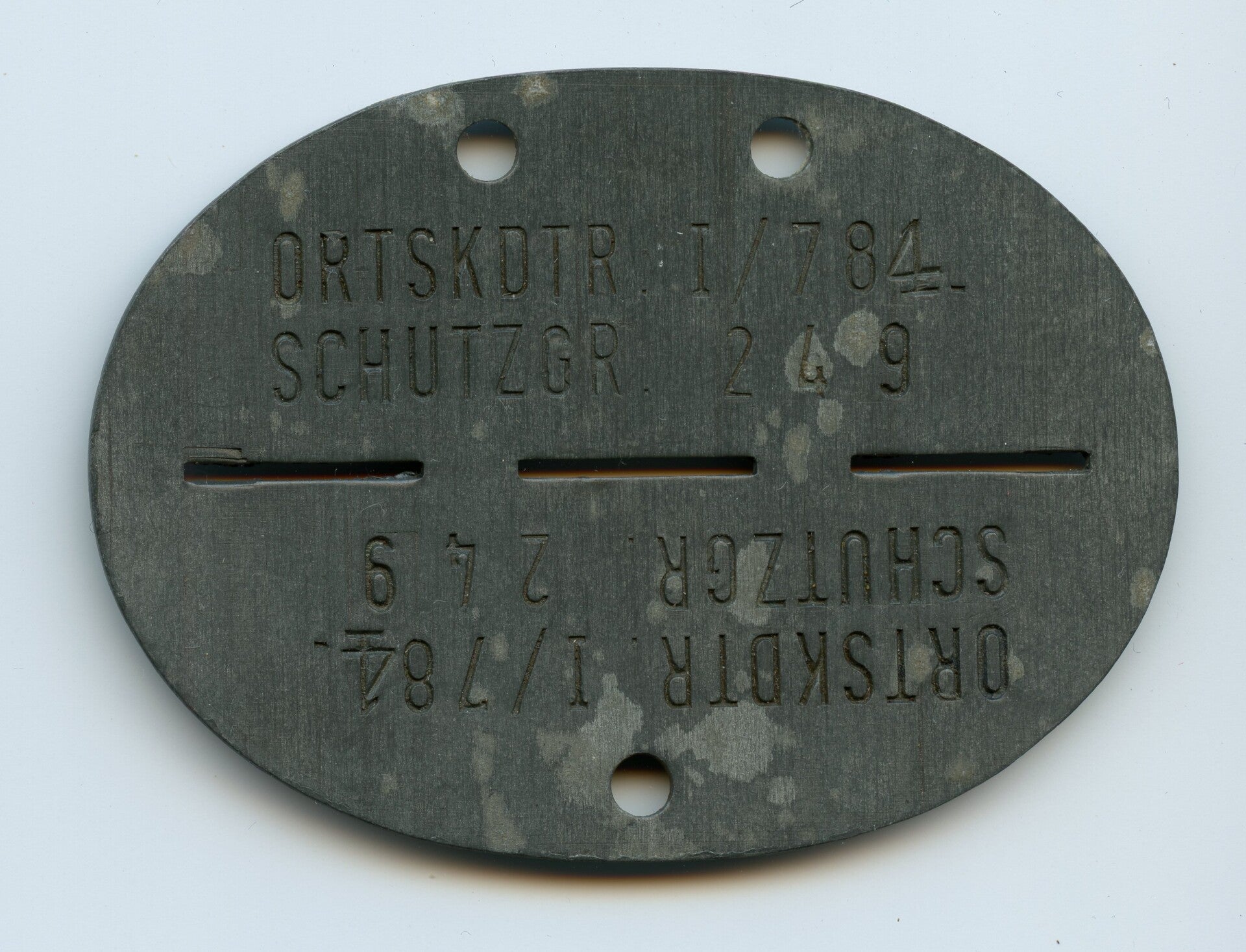 Erkennungsmarke "ORTSKDTR. I/784 SCHUTZGR. 249"