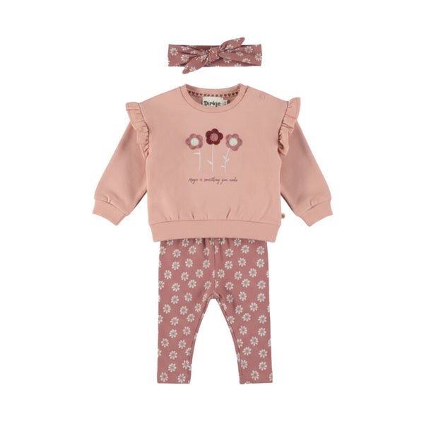Dirkje Oudroze sweater + bloemetjes broek + haarband