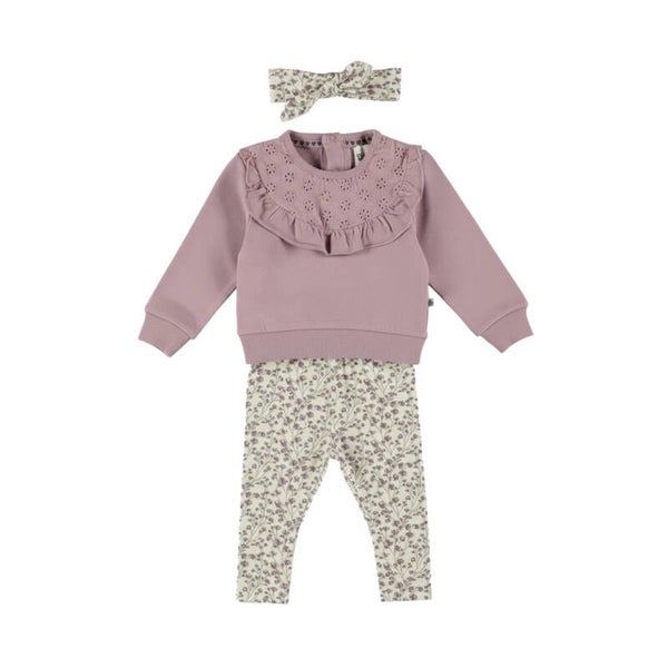 Dirkje 3-delige set; Paarse sweater + bloemetjes broek + haarband