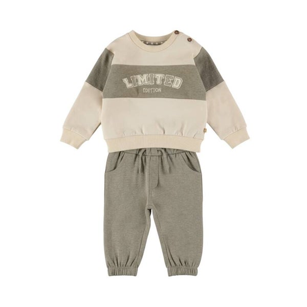 Dirkje Beige sweater met groen + groene broek
