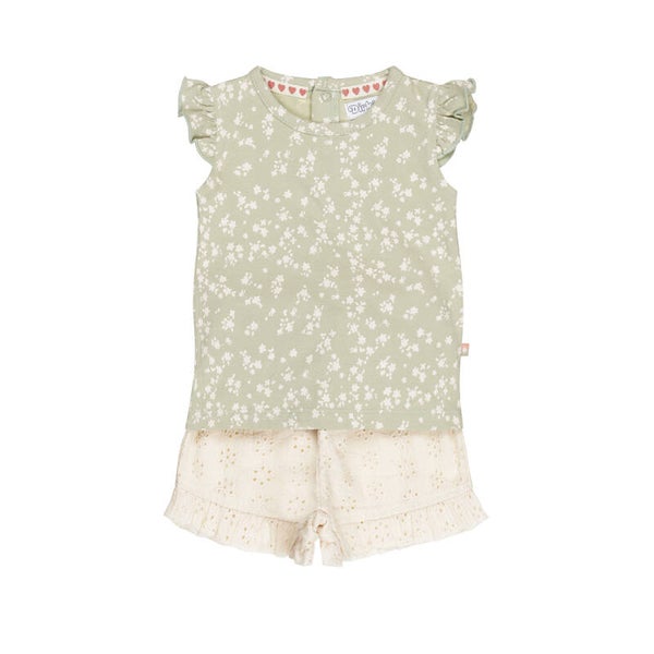 -50% Dirkje Groen bloemetjes t-shirt met zand broderie short