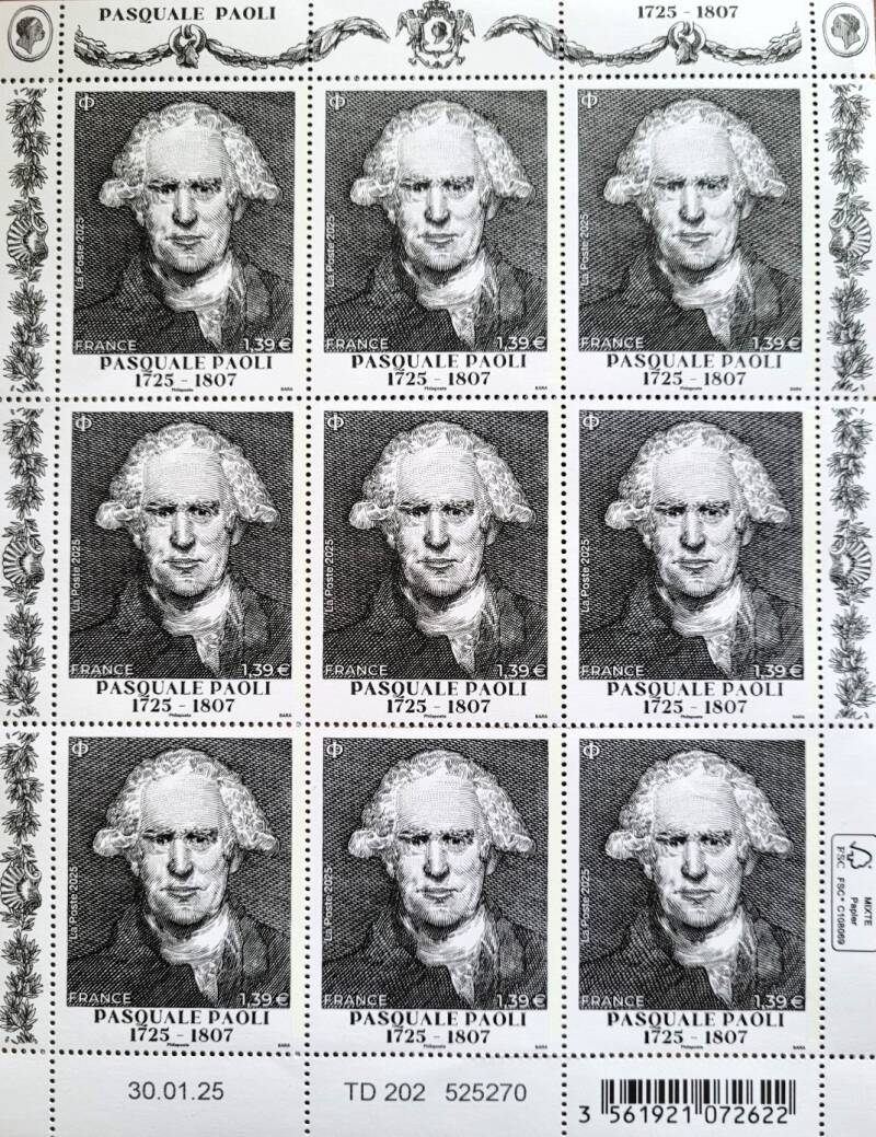 Planche de timbres à l’effigie de Pascal Paoli (2025). Photo © François Fiette.