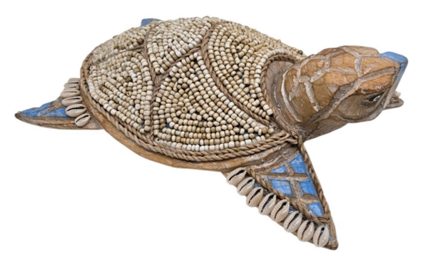 Tortue décorative en bois , perles et coquillages