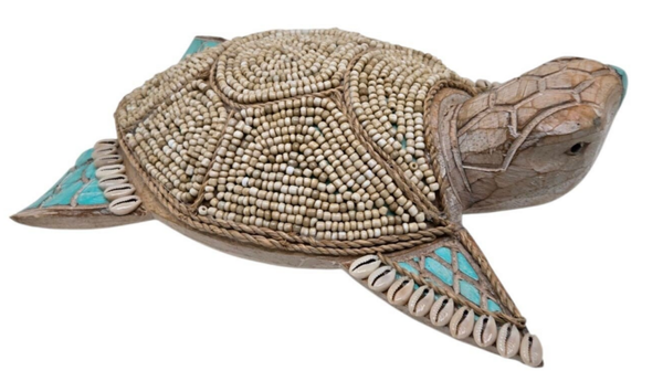 Tortue décorative en bois , perles et coquillages