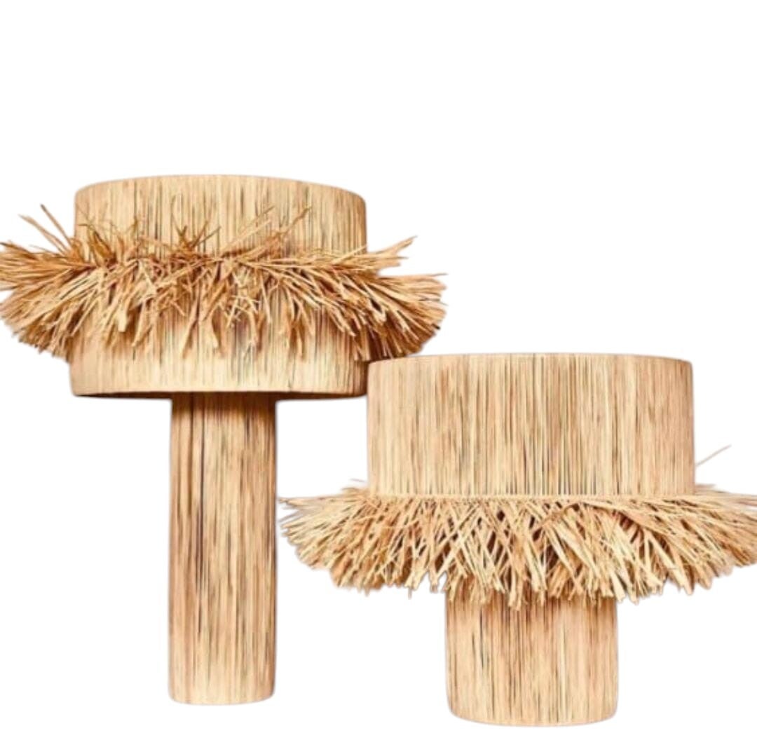 Lampe à poser en raphia avec franges