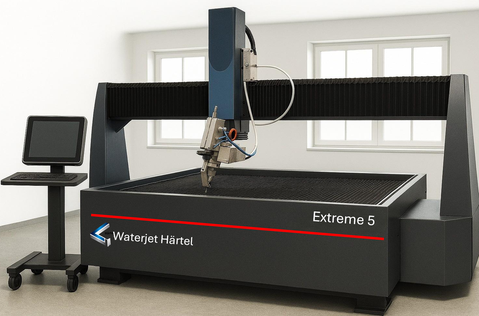 Waterjet Härtel, Extreme 5, Hochportal, Wasserstrahl-Schneidanlage, 5 Achsen, x-x1-x2-y-z-Achse, dicke Stahlplatten, präzise schneiden, beste Qualität