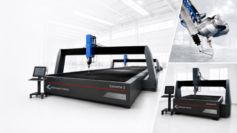 Waterjet Härtel, Extreme 3, Hochportal, Wasserstrahl-Schneidanlage, 3 Achsen, x-y-z-Achse, dicke Stahlplatten, präzise schneiden, optional, Rohre schneiden
