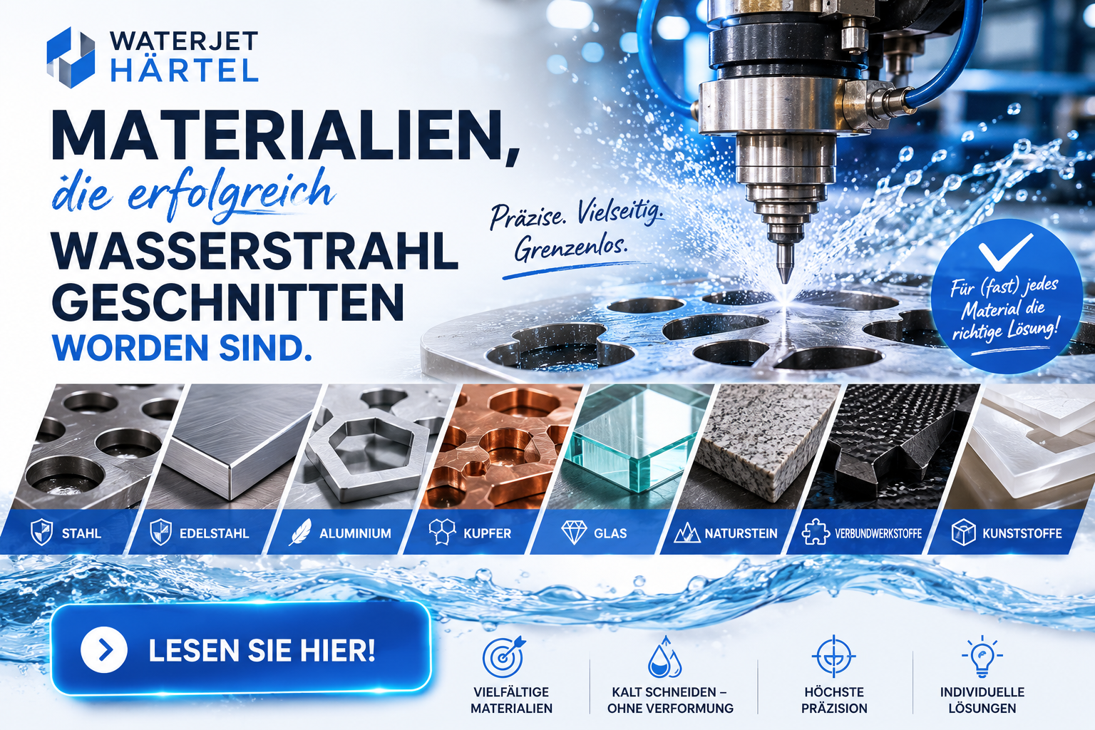 Waterjet Härtel. Materialien die erfolgreich Wasserstrahl geschnitten worden sind.