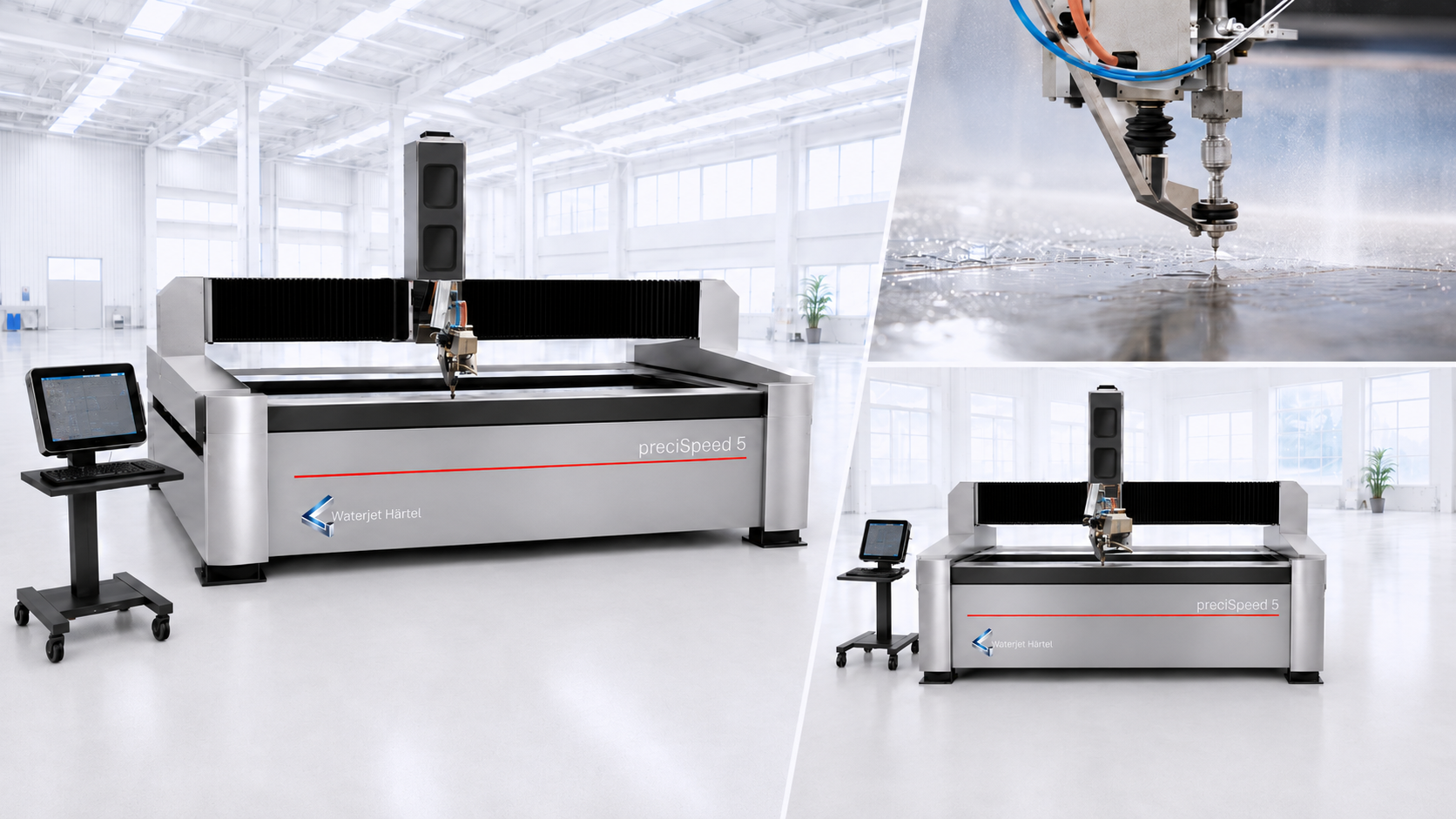 Waterjet Härtel, preciSpeed 3, Wasserstrahl-Schneidanlage, 5 Achsen, x-x1-x2-y-z-Achse, Stahlplatten, präzise schneiden, beste Qualität
