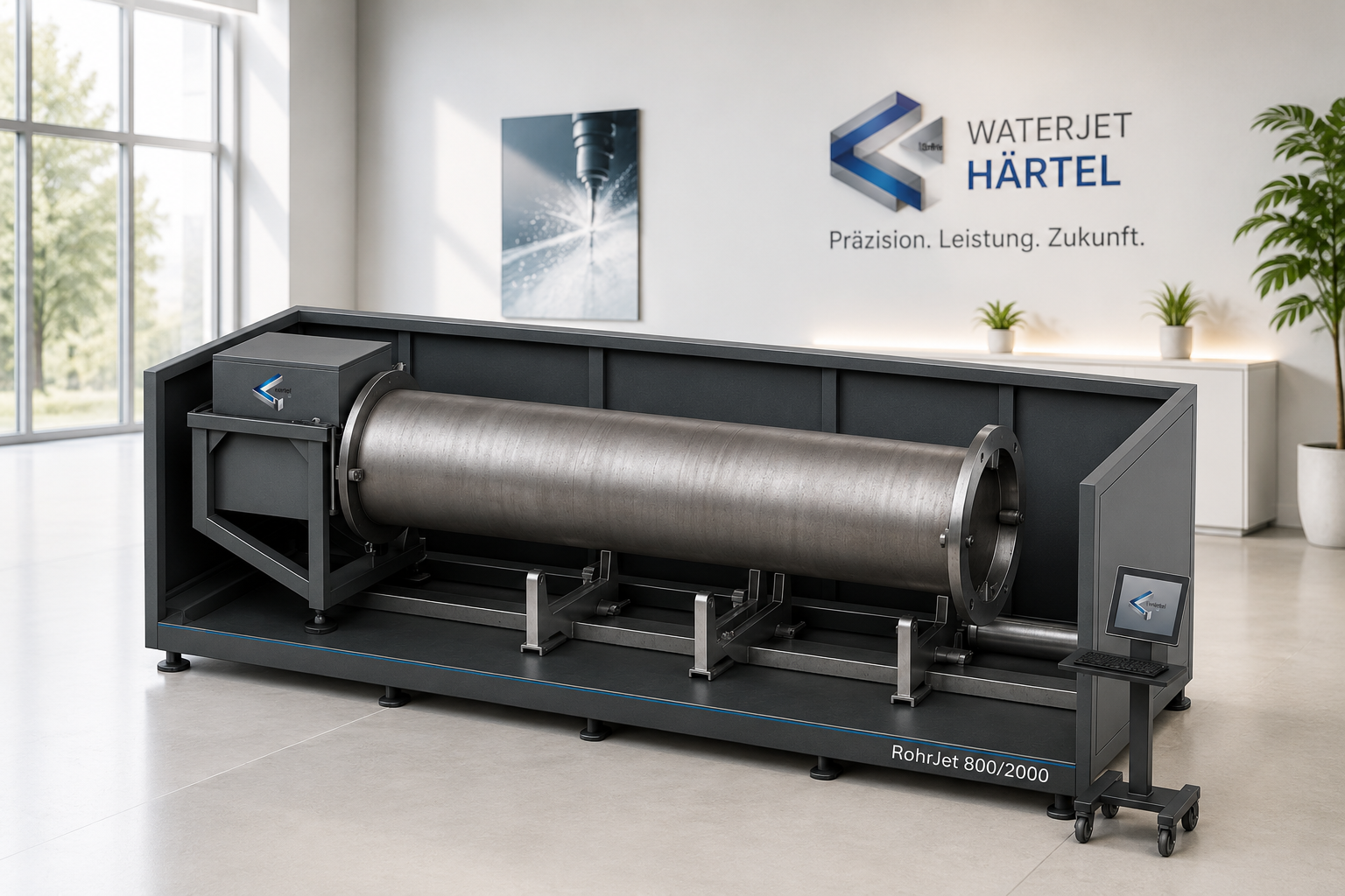 RohrJet, Wasserstrahlschneidanlage zum Rohre schneiden, 3 Achsen, Rohre, Durchmesser max 1000,mm, Rohr bis 12000 mm Länge, Bohr-Achse optional