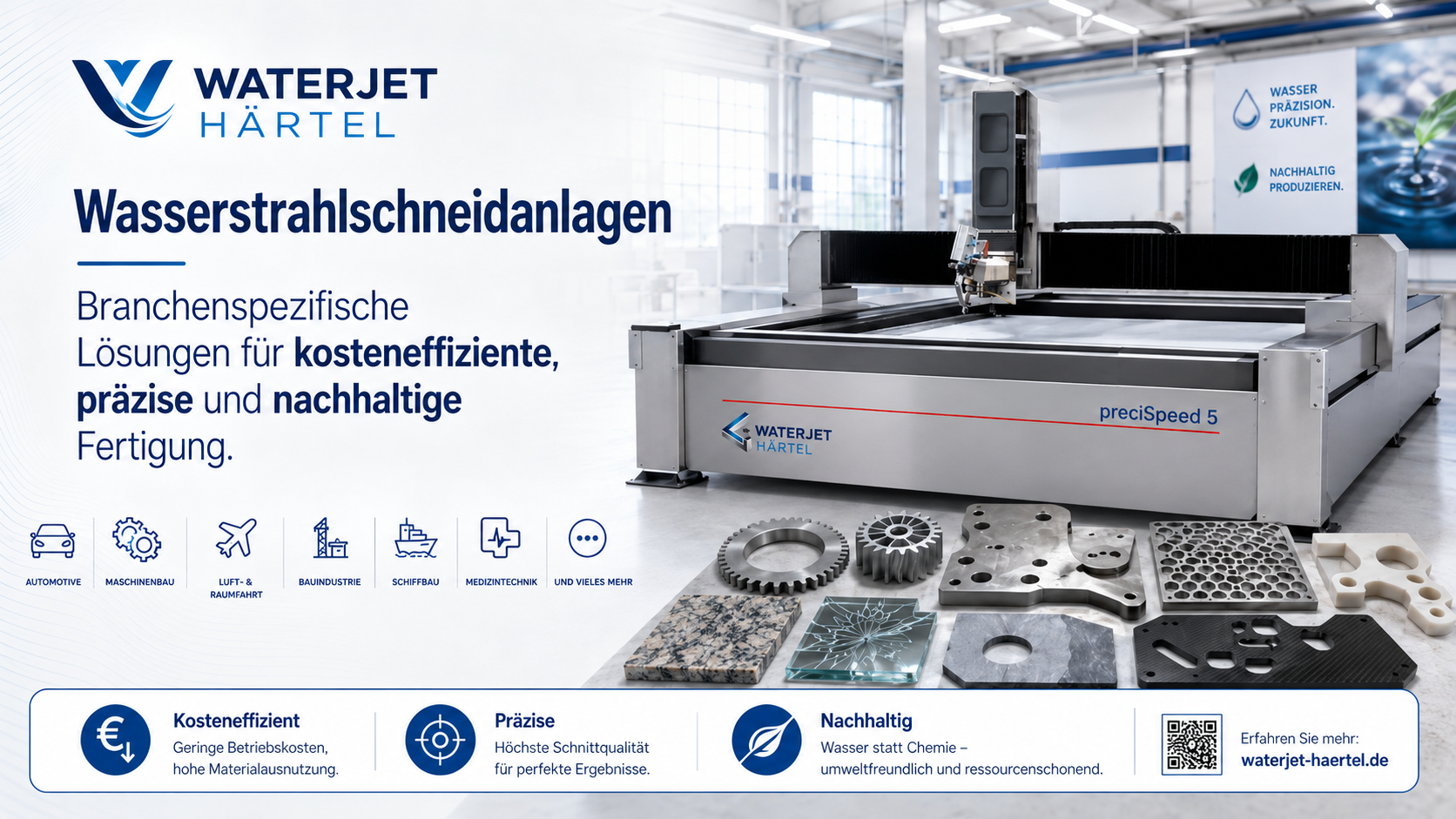 Wasserstrahlschneidanlagen, Branchenspezifische Lösungen für kosteneffiziente, präzise und nachhaltige Fertigung. Waterjet Härtel ihr Partner