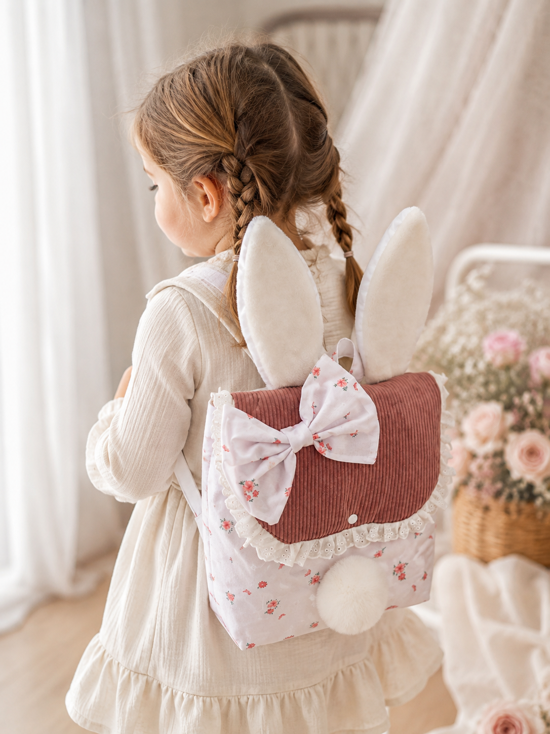Sac à dos crèche ou maternelle FILLE lapin fleuri modèle 1