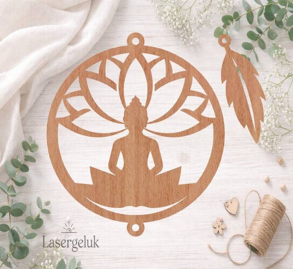 Houten DIY Suncatcher – Buddha dromenvanger | Glas-in-Lood Decoratie- 0003