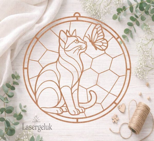 Houten DIY Suncatcher – Poes met vlinder | Glas-in-Lood Decoratie - 0058
