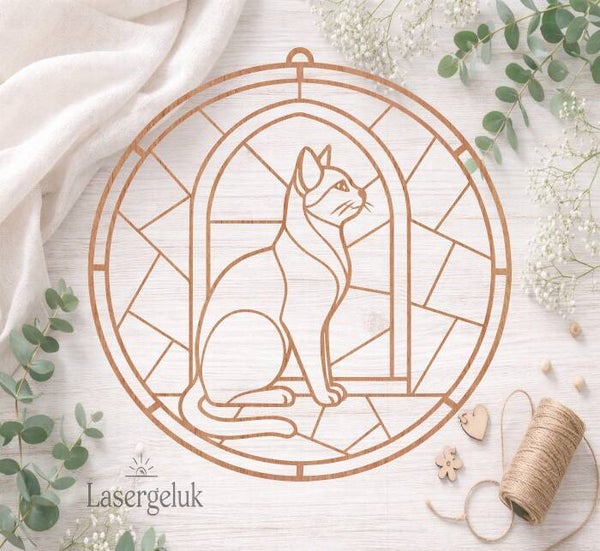 Houten DIY Suncatcher – Poes in raam | Glas-in-Lood Decoratie - 0059