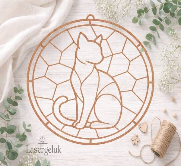 Houten DIY Suncatcher – Kat Silhouette | Glas-in-Lood Decoratie - 0064