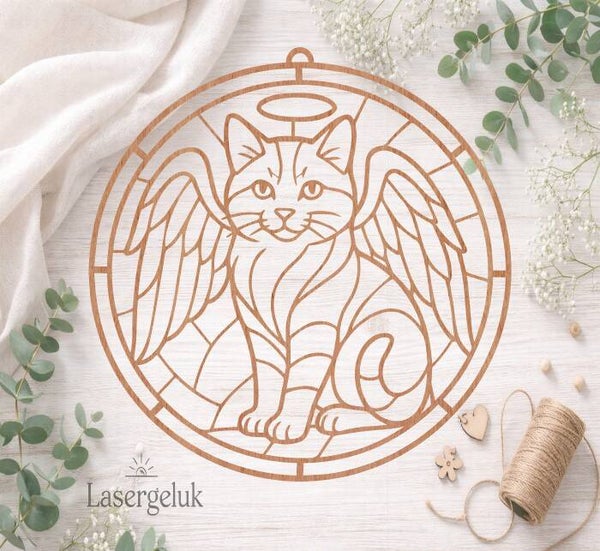 Houten DIY Suncatcher – Kat met vleugels| Glas-in-Lood Decoratie - 0068