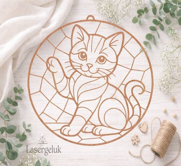 Houten DIY Suncatcher – Speelse kitten | Glas-in-Lood Decoratie - 0071