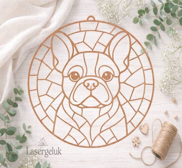 Houten DIY Suncatcher – Franse Bulldog | Glas-in-Lood Decoratie - 0043
