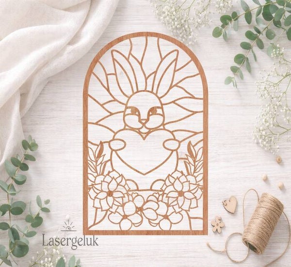 Epoxy Houten Frame Paashaas met hart  – Glas-in-Lood Effect - 0021