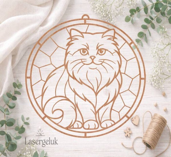 Houten DIY Suncatcher – Persische Kat | Glas-in-Lood Decoratie - 0078