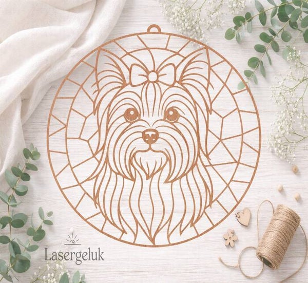 Houten DIY Suncatcher – Yorkshire terrier | Glas-in-Lood Decoratie - 0056