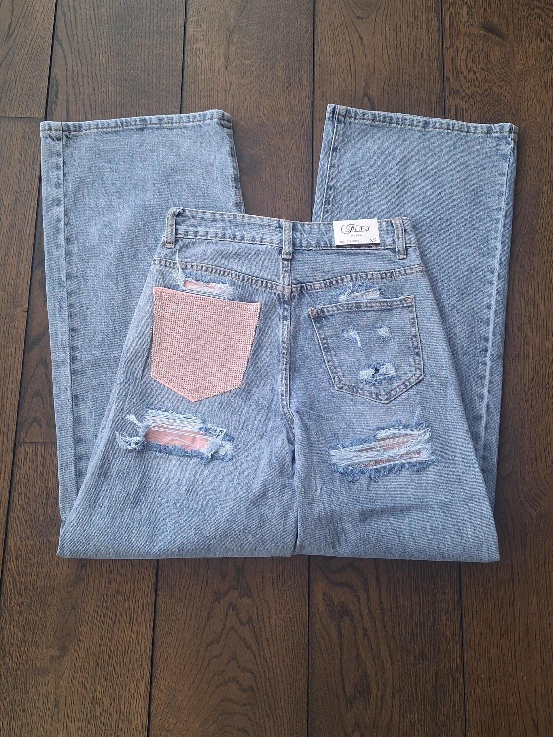 Jeans glam glitter roze kontzak