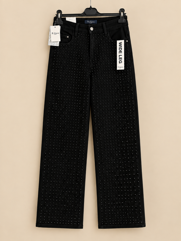Bs wideleg jeans zwart met zwarte strass