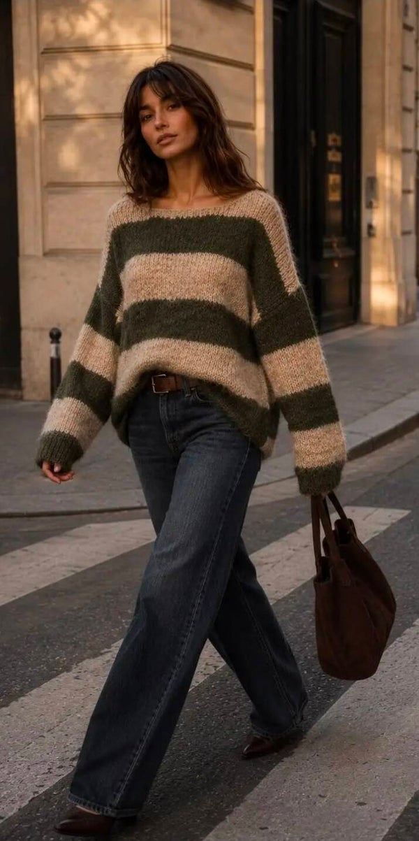 Trui khaki / beige  stripe