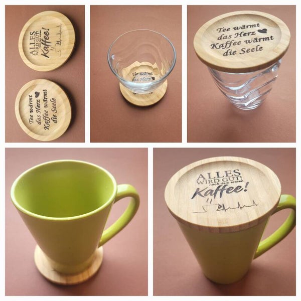 Glas/Tassenuntersetzer/deckel Ø 9cm mit wunsh Gravur