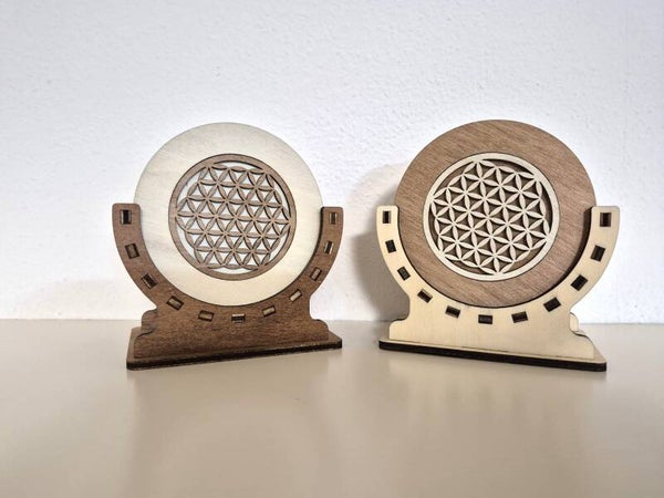 🌸 Blume des Lebens Holzuntersetzer mit Halter – Lasergravur, Naturholz, handgefertigt