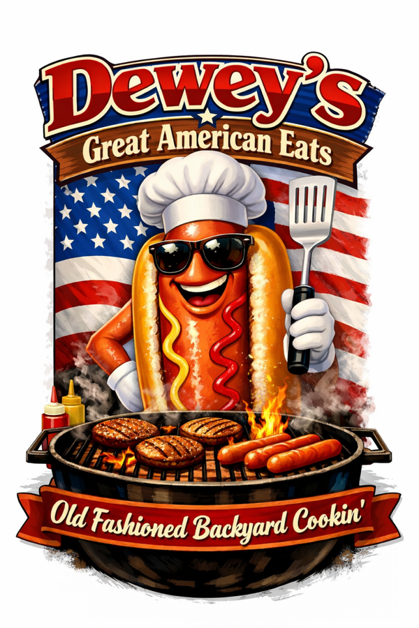 Dewey's Blazin Dog White 100% Cotton T Front and Back