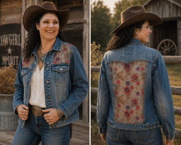 jeansjas met doorschijnend bloemenpaneel