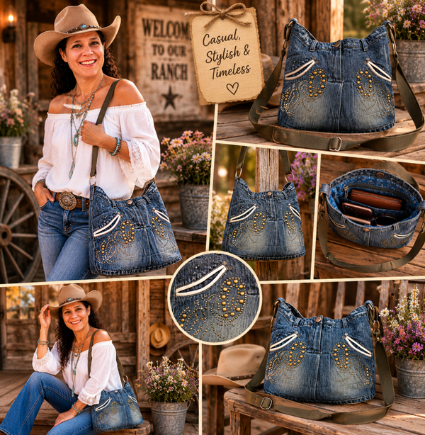 Denim Studded Shoulder Bag