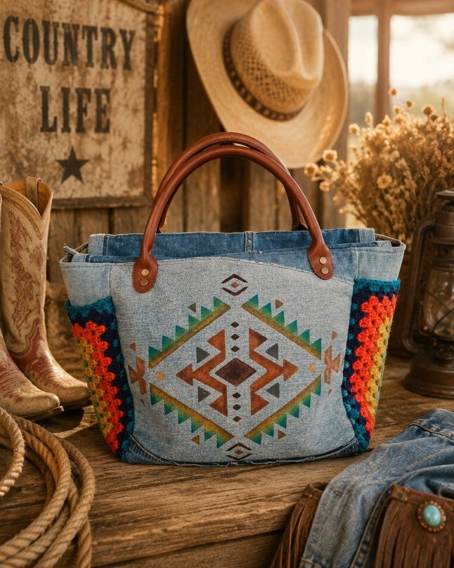 PG Boho Rainbow Denim Tote