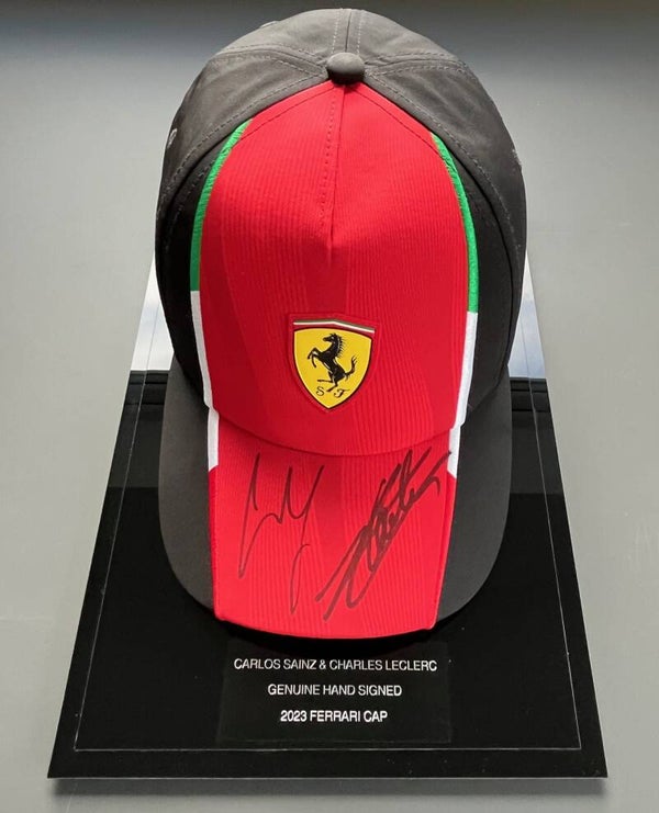 Leclerc & Sainz Signed Ferrari Cap Display