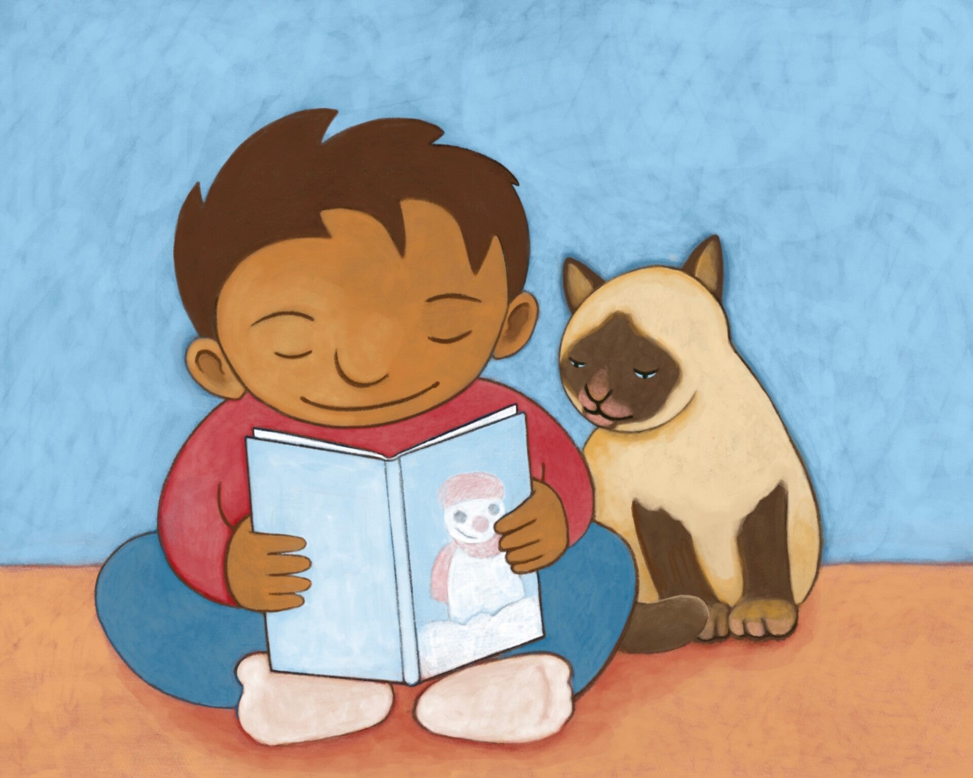 Illustration of a little boy reading a picture book while a cat watches over his shoulder