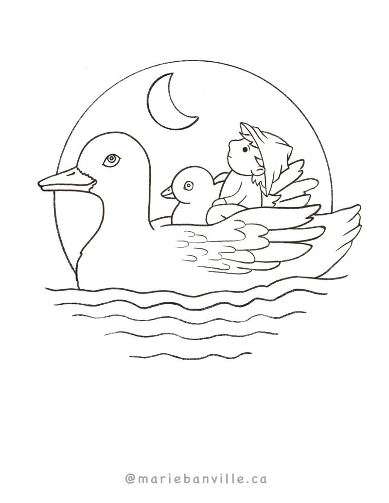 Coloring page. A tiny boy sails on the back of a mother duck. He hugs a chick under a moonlit sky.