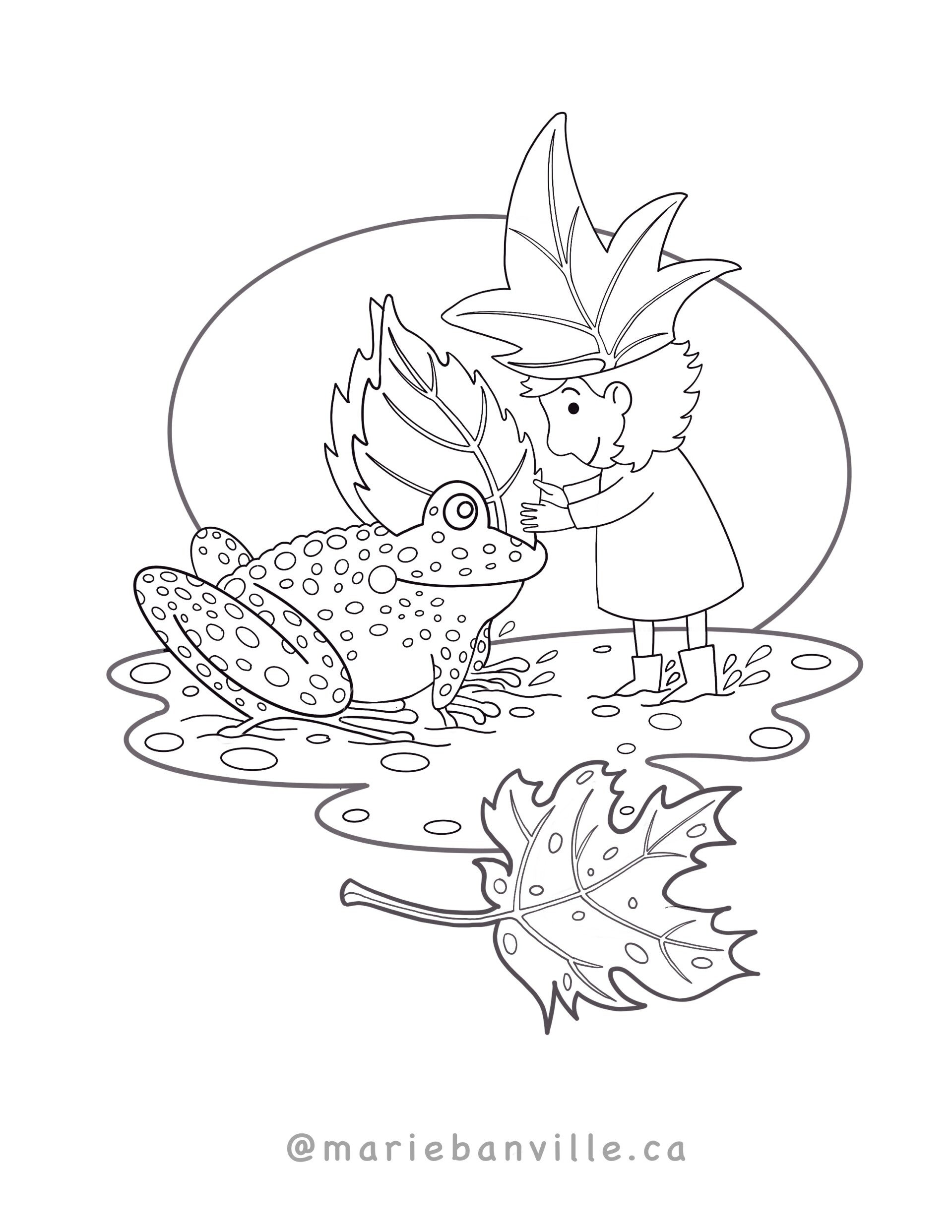 Coloring page. A ting character, wearing a leaf hat, presents a frog with a leaf crown. They are both standing in a puddle. 