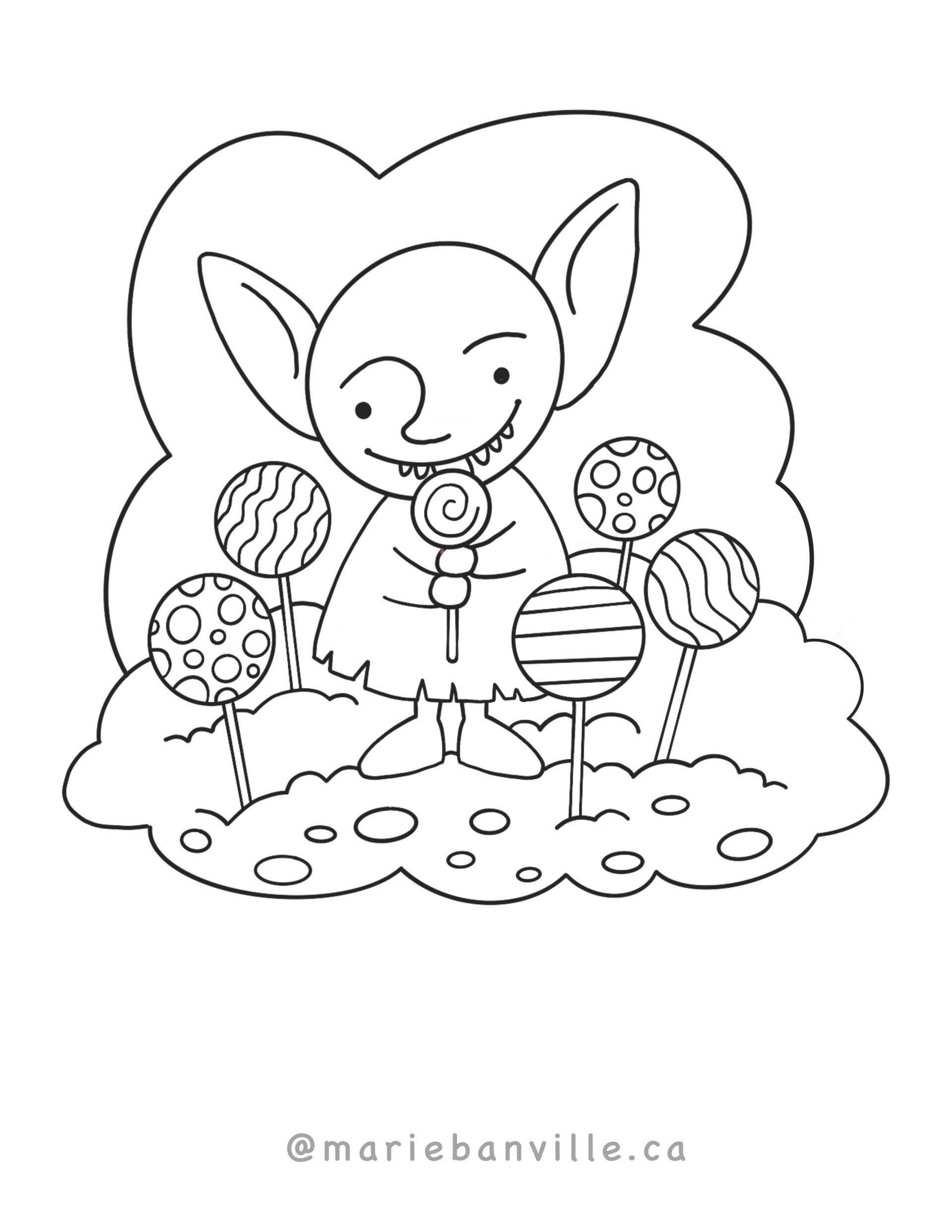 Coloring page. A small cute goblin licks a lollipop. Five more lollipops grow out of the ground around him. 
