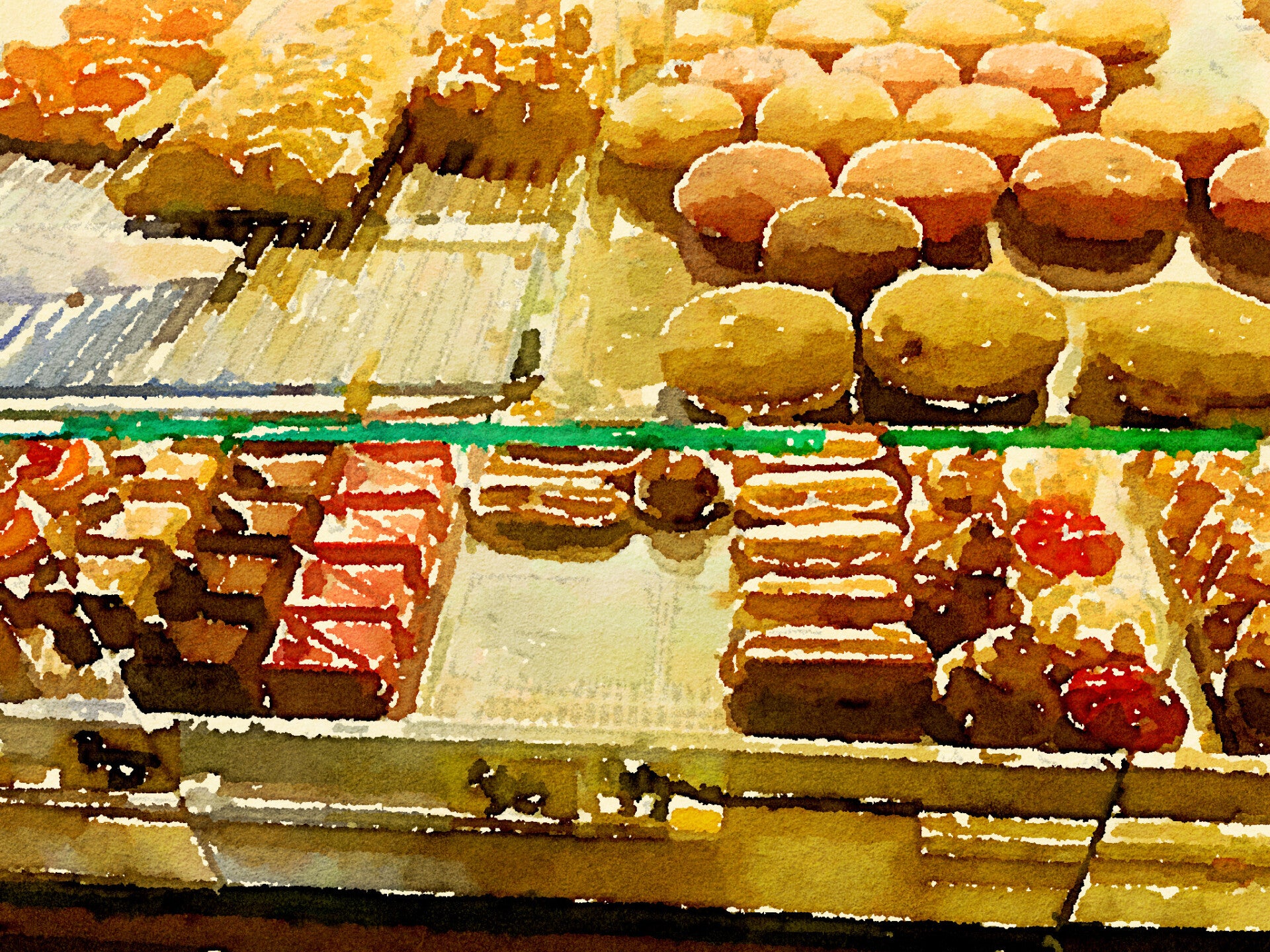 Watercolour painting of pastries in a French bakery. Cozy and colorful.