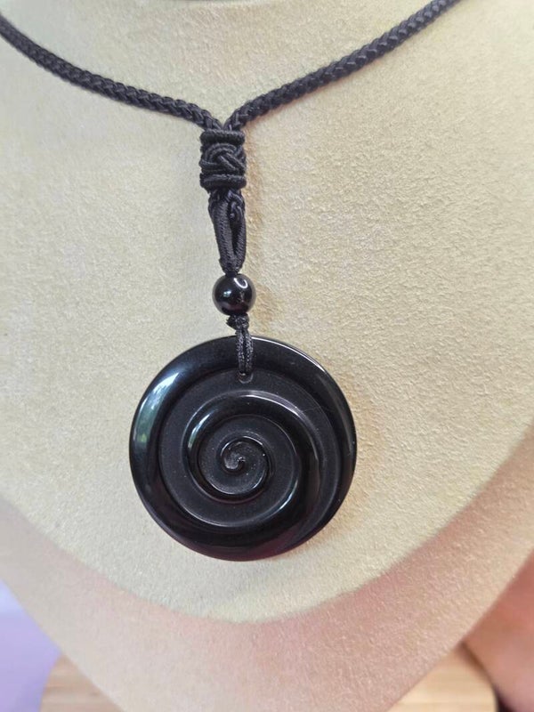 Obsidiaan hanger aan zwart touw - Levensspiraal
