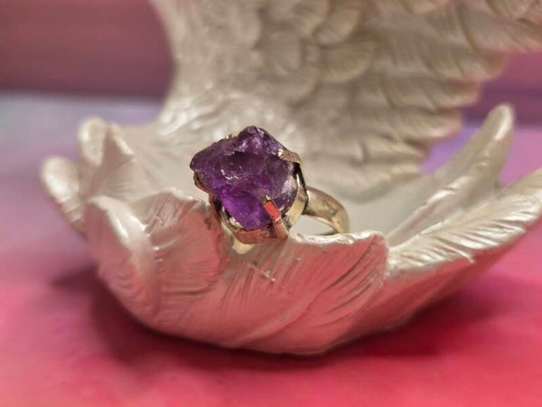Amethist ring ruw - verzilverd
