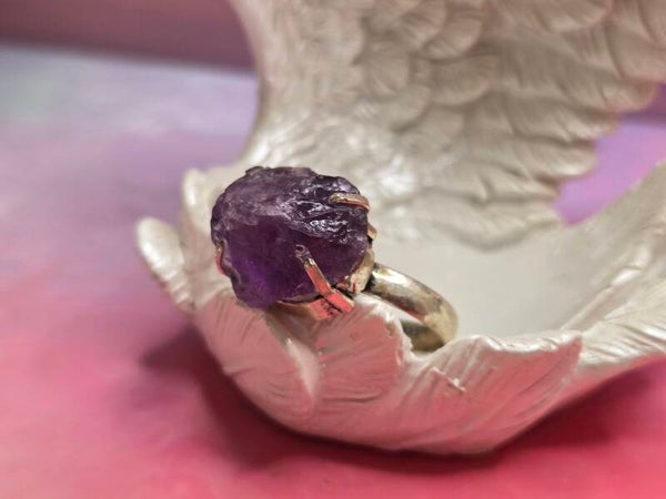Amethist ring ruw - verzilverd