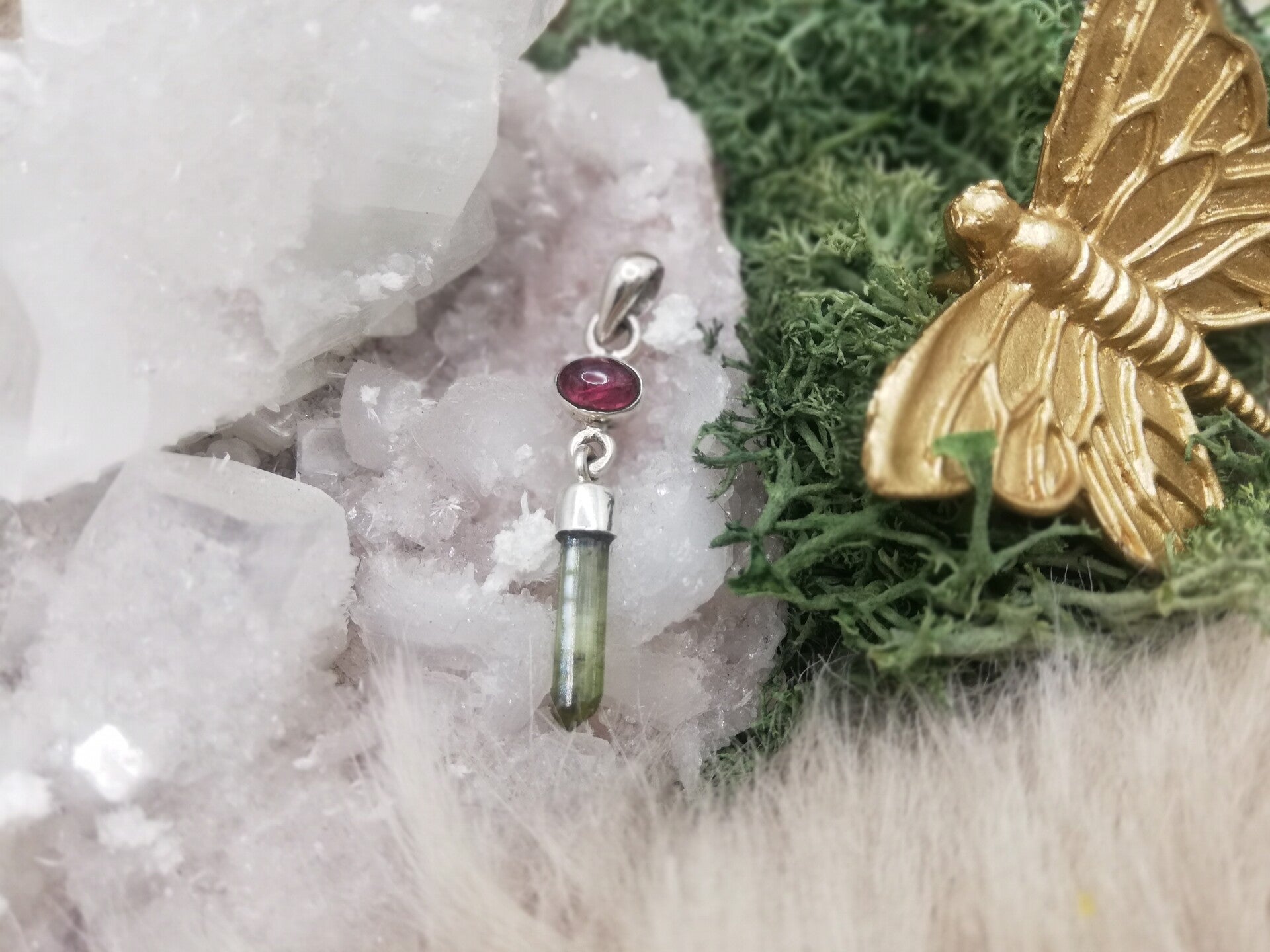 Groene en roze toermalijn hanger